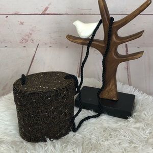 Scalloped Bronze Beaded Barrel Crossbody Purse